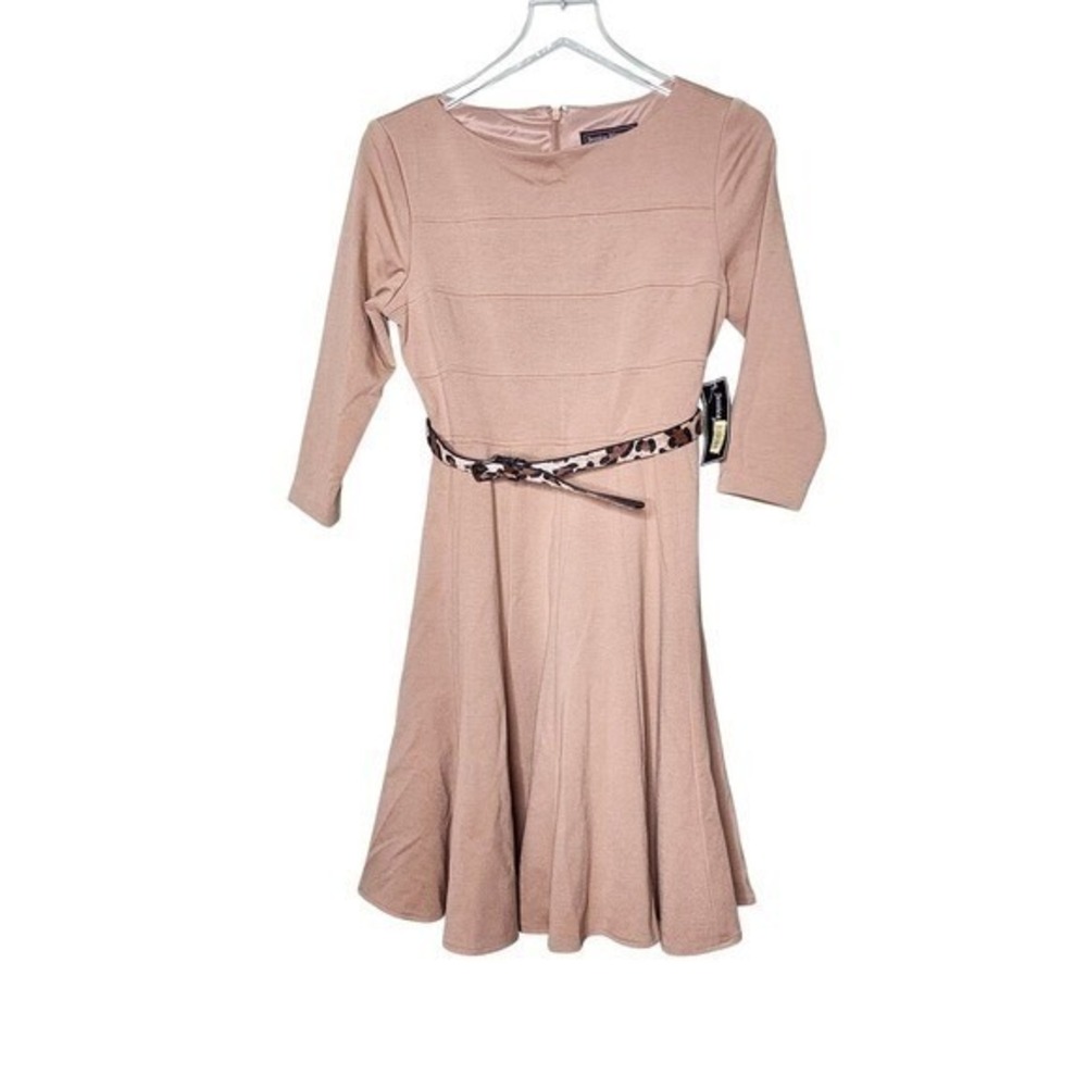 Jessica Howard Camel Dress Fit Flare Classic Work Animal Print Skinny Belt 6P